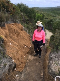Installing and pinning coir mesh to slow, and hopefully halt, erosion.
