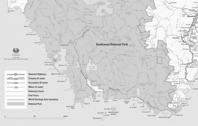 Map of the South Coast Track, Tasmania